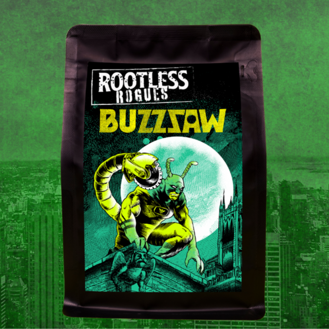 Rootless Rogues Buzzsaw coffee bag with a green monster design on a green background